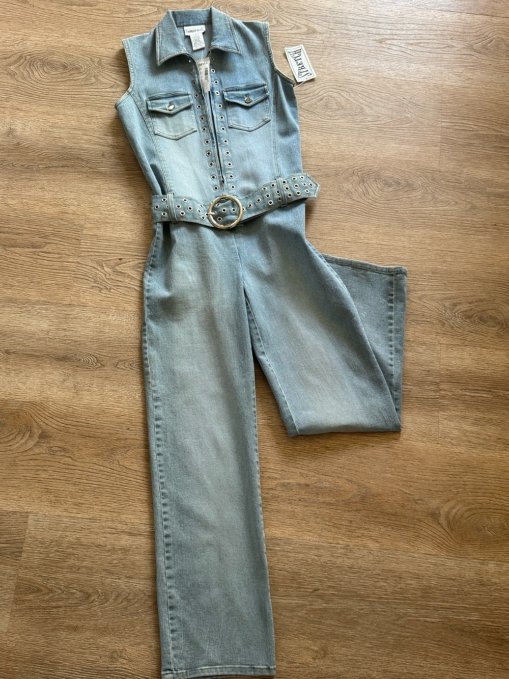 Sleeveless, Light Wash Denim Jumpsuit with Decorative Hardware